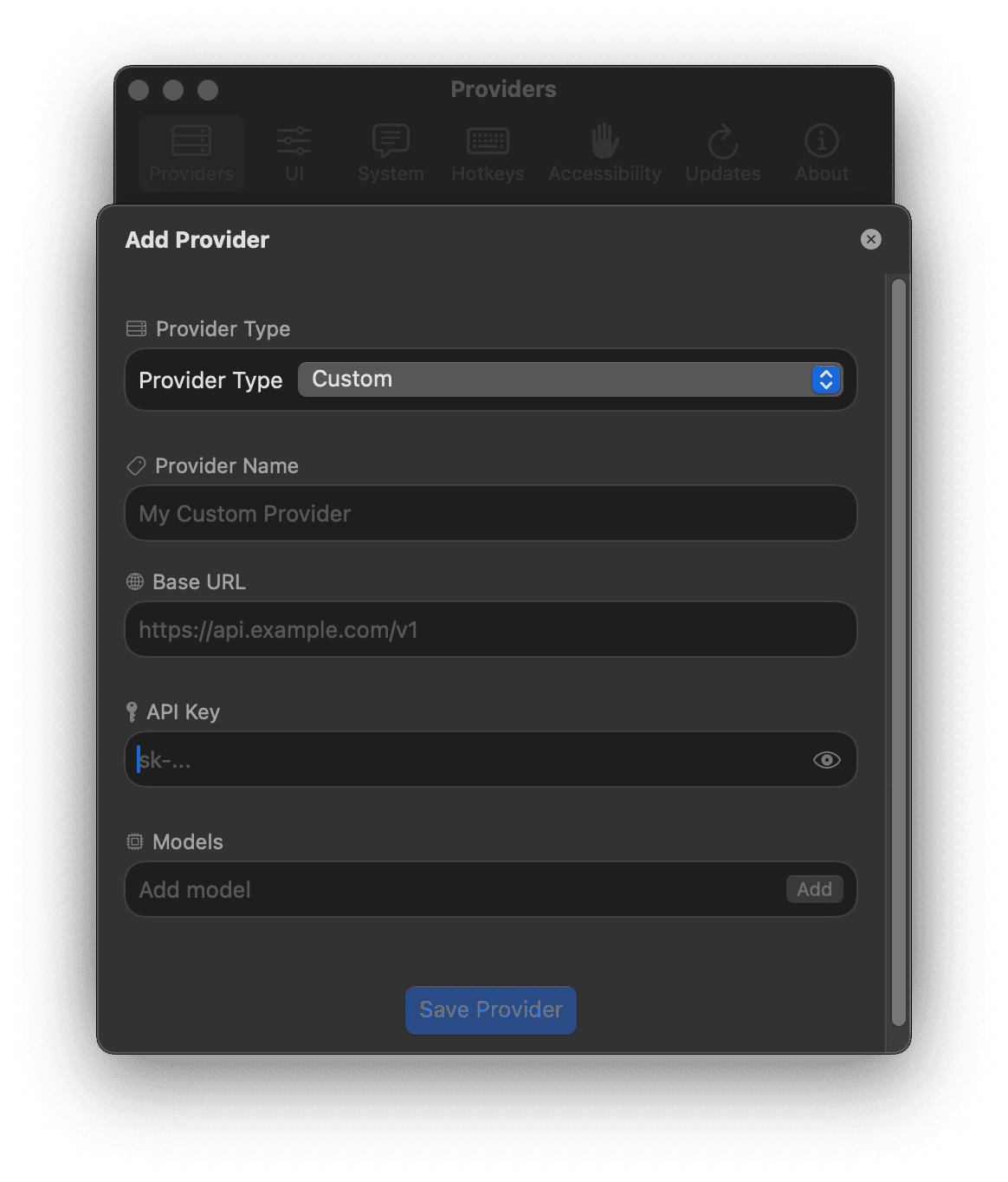Tomo's custom provider add screen